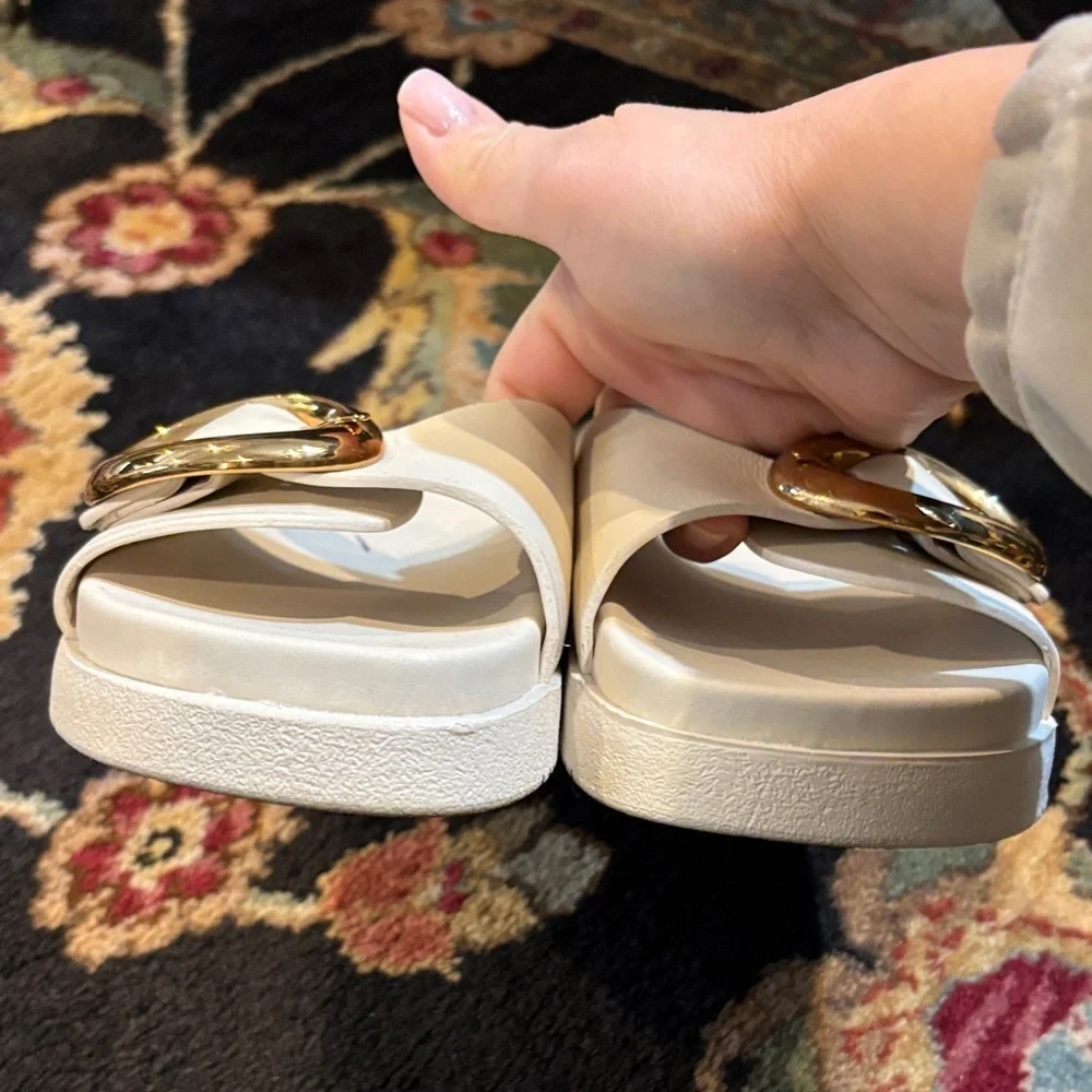 Steve Madden Women's Ivory Slide Sandals with Gold buckle Accent size 7.5
